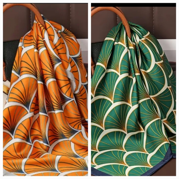 unbranded Accessories - 2 Scarves Scarf Bohemian mid Century Modern Style Fan Print Orange Green Retro